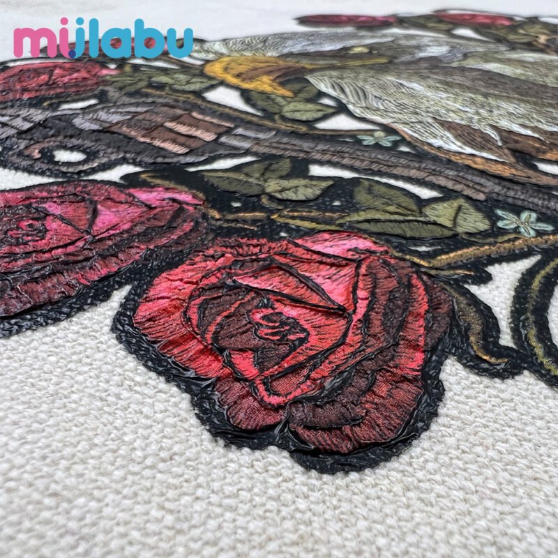 miilabu puff print rose embroidery on textured canvas, made with GRS, BCI, OCS certified recycled cotton, RPET, organic cotton, T/C, satin, Martindale, oxford, and waterproof outdoor fabric for bags and accessories.
